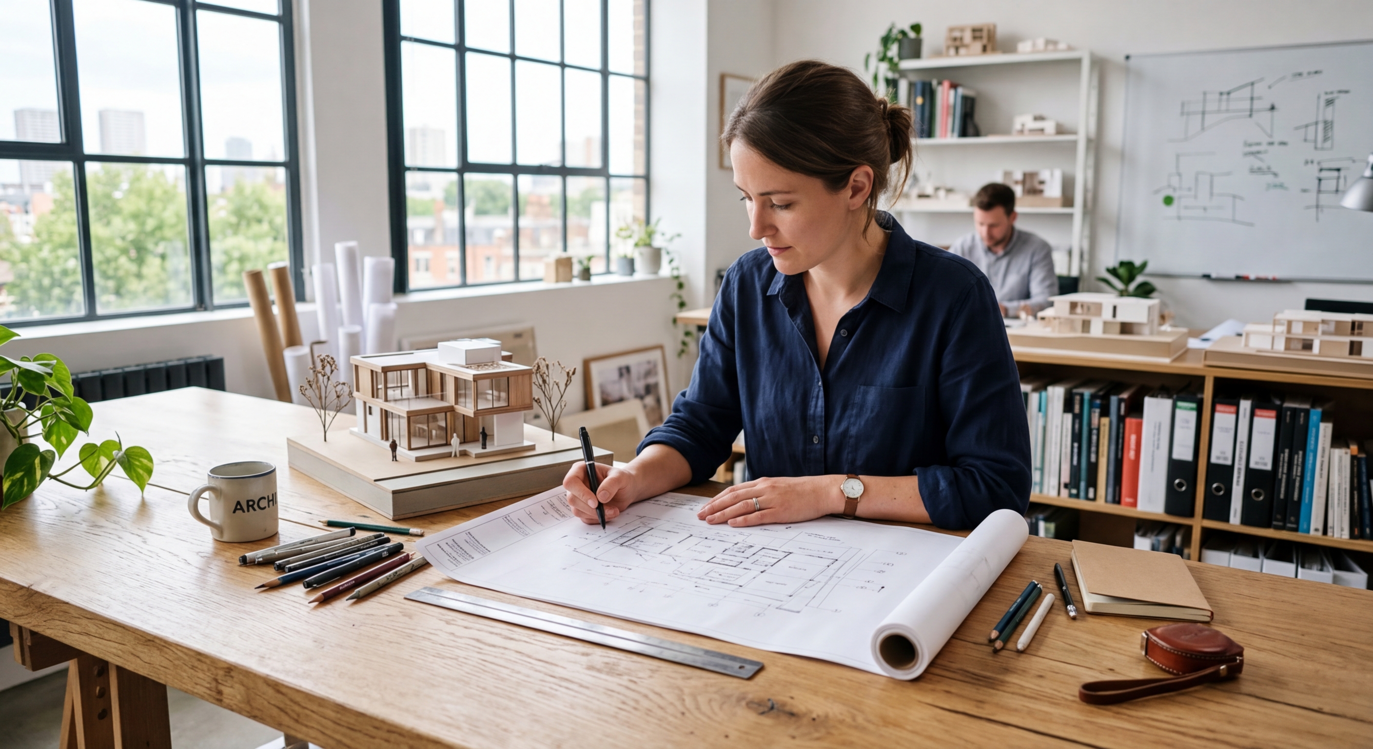 Bureau d'architecte moderne avec plans et maquettes